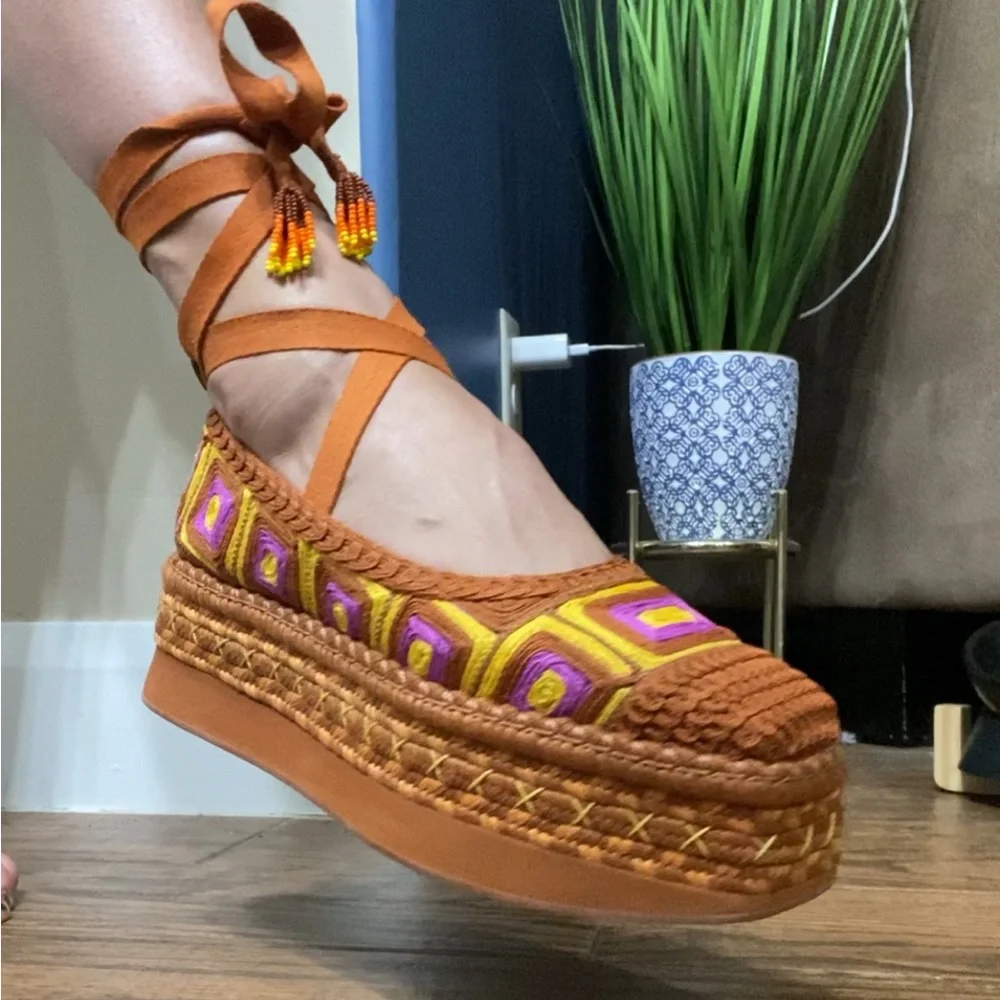 FARM Rio Brown Platform Espadrilles with Yellow & Purple Accents - Picture 14 of 16